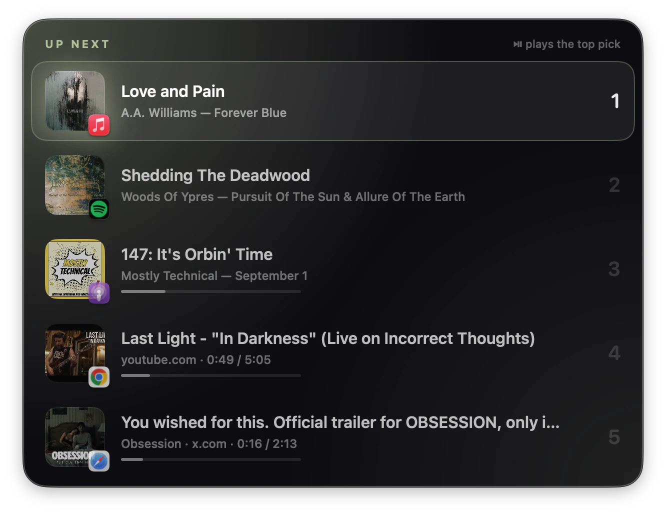 The picker offering five things to resume: a song in Apple Music, an album in Spotify, a podcast episode, a YouTube video in Chrome and a trailer on X in Safari